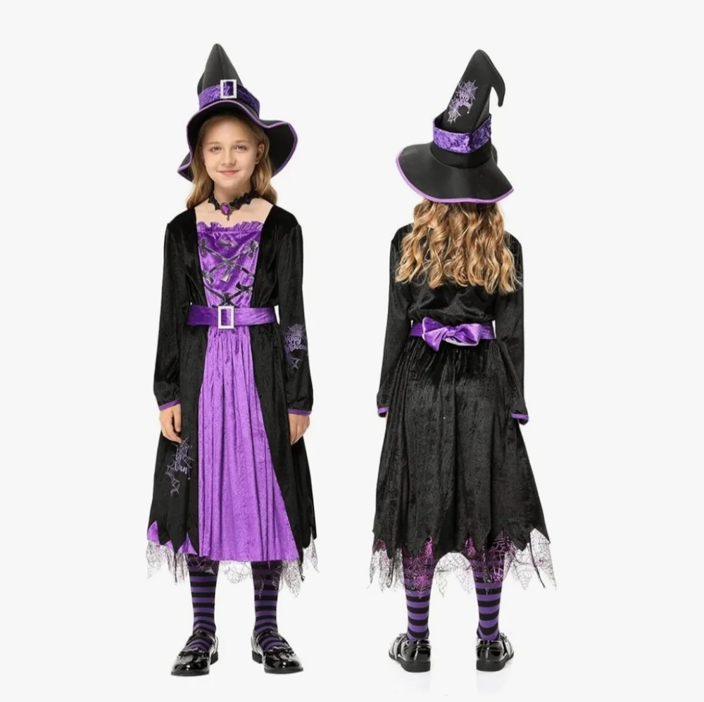 Witch Costume 5pc Halloween Set Small 5-7 Years Dress Belt Hat Choker Leggings